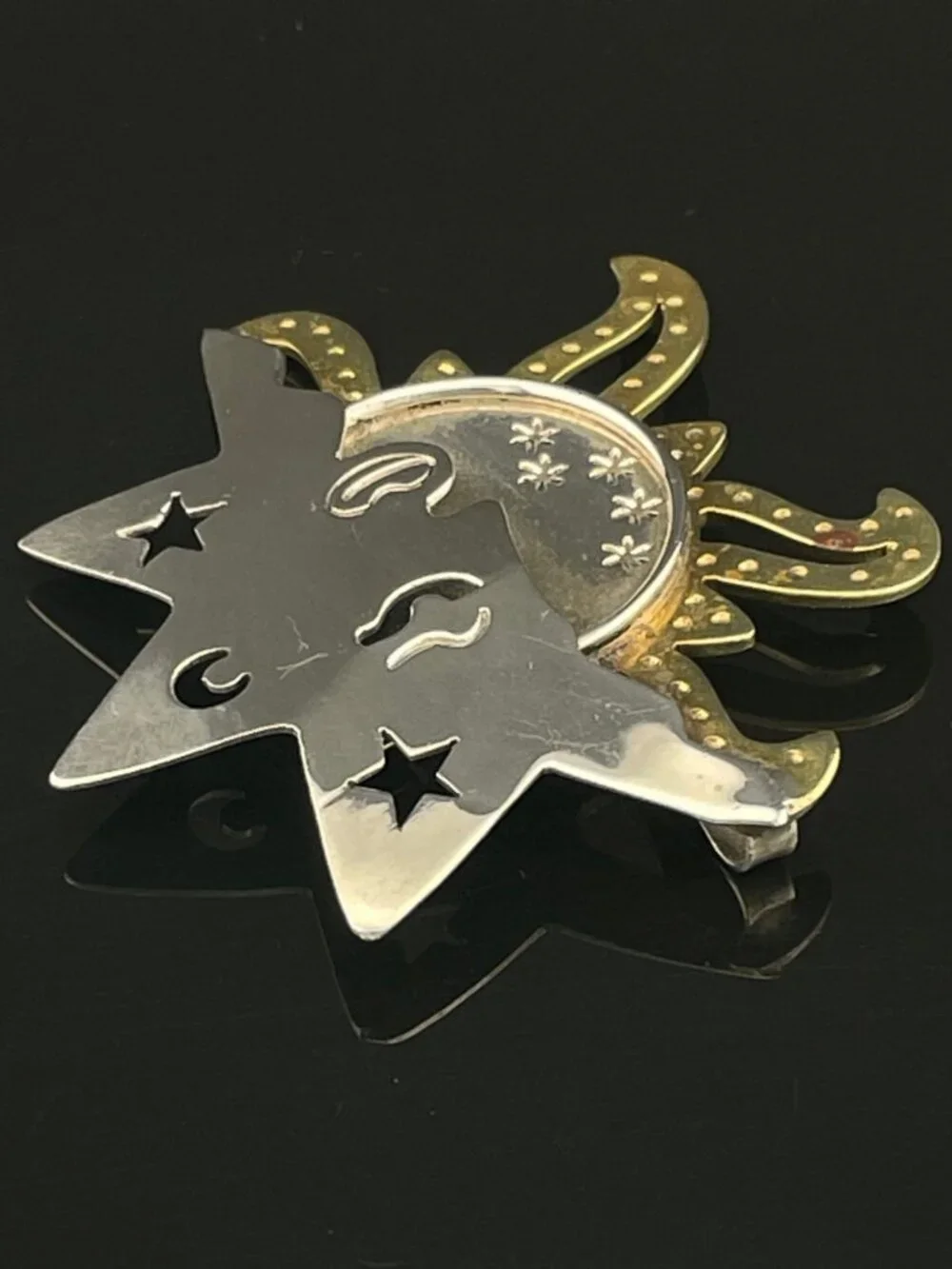 Vintage Mexico 925 Sterling Silver & Brass Celestial Sun Moon Brooch Pin Artisan